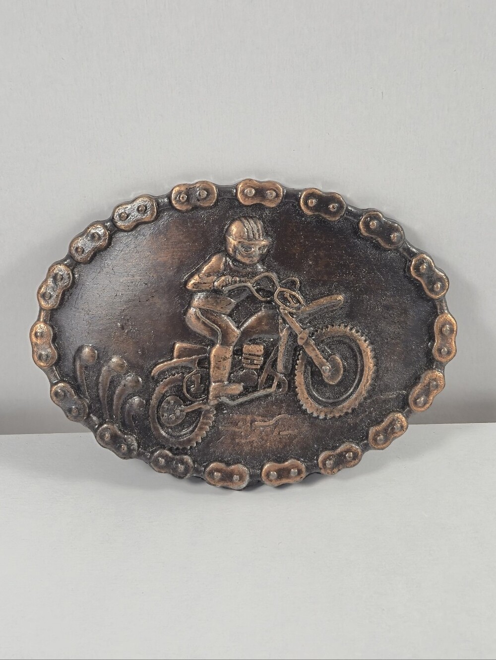 Vintage Motocross Dirt Bike Belt Buckle Oval Bronze Chain Border Rider